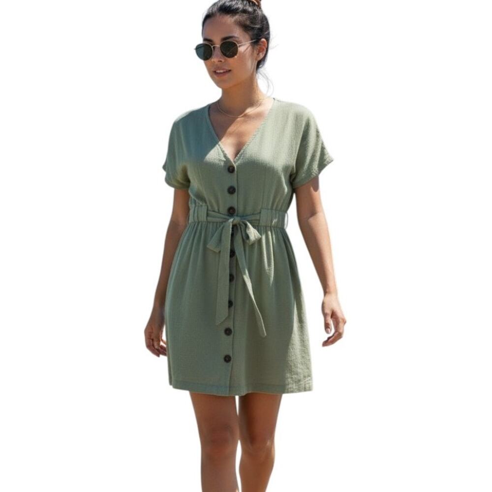 Simplee Women's V Neck Short Sleeve Dress Button Down, Size S